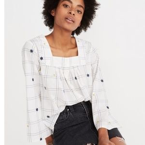 Madewell Embroidered Windowpane Square-Neck Button
